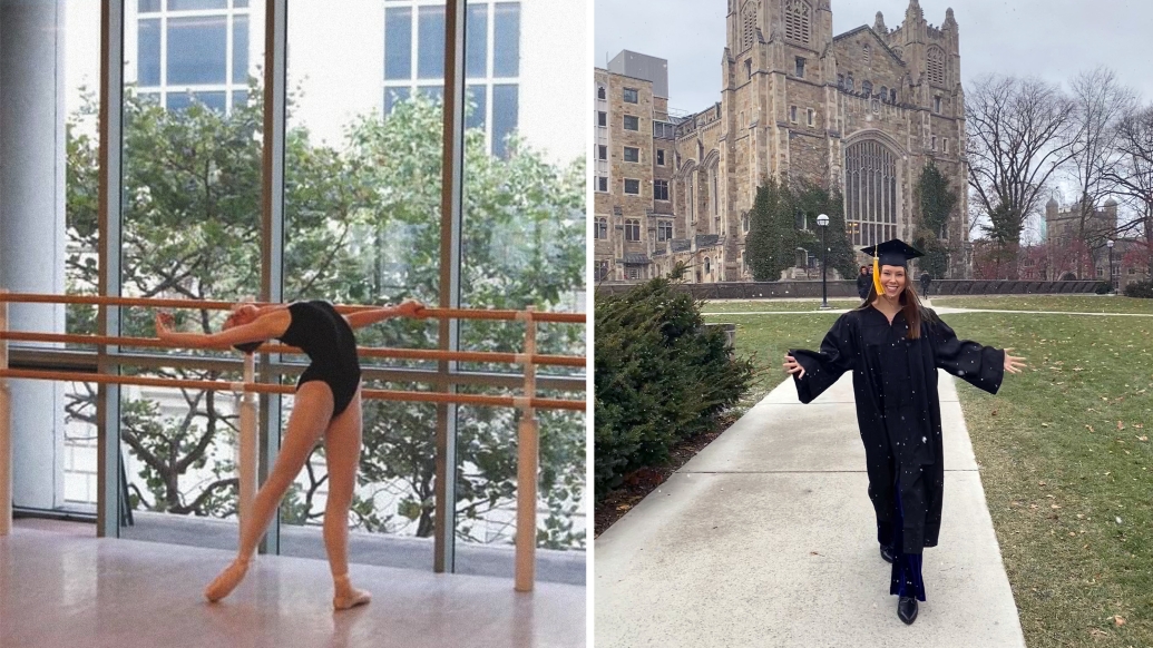 girl doing ballet and then graduating at michigan right