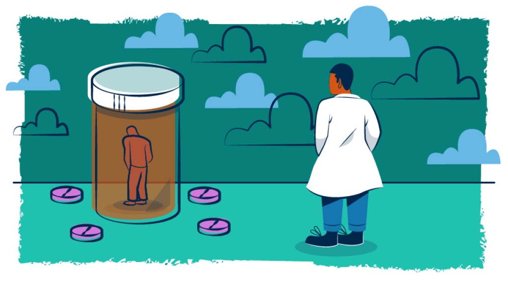 Illustration of doctor pictured outside a pill bottle that houses a bent-over figure with pills lying on the ground