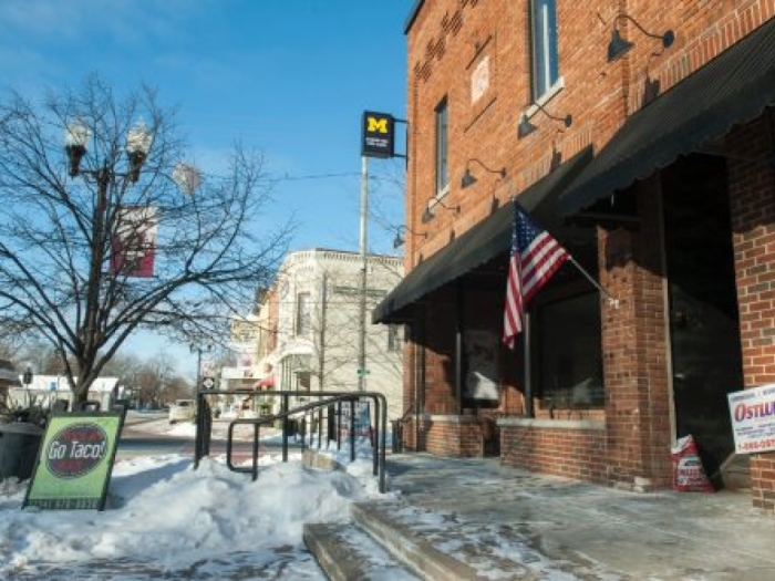 A snow-lined street outside the student-run clinic