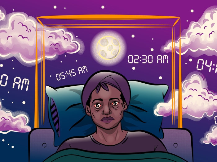 purple background sky colors with times floating patient with pillow brown clothes on moon in sky