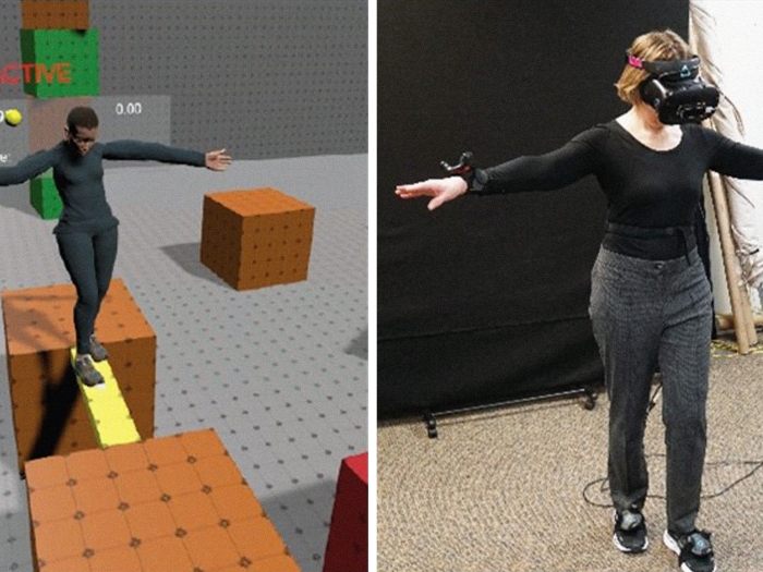 two pictures side by side one in virtual reality going over beam and the other of the person in real life doing it with VR technology