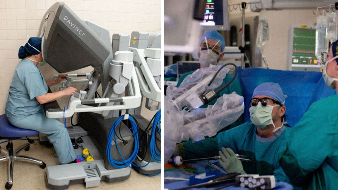 surgeon behind a robot looking in and a surgeon operating with two clinicians with them