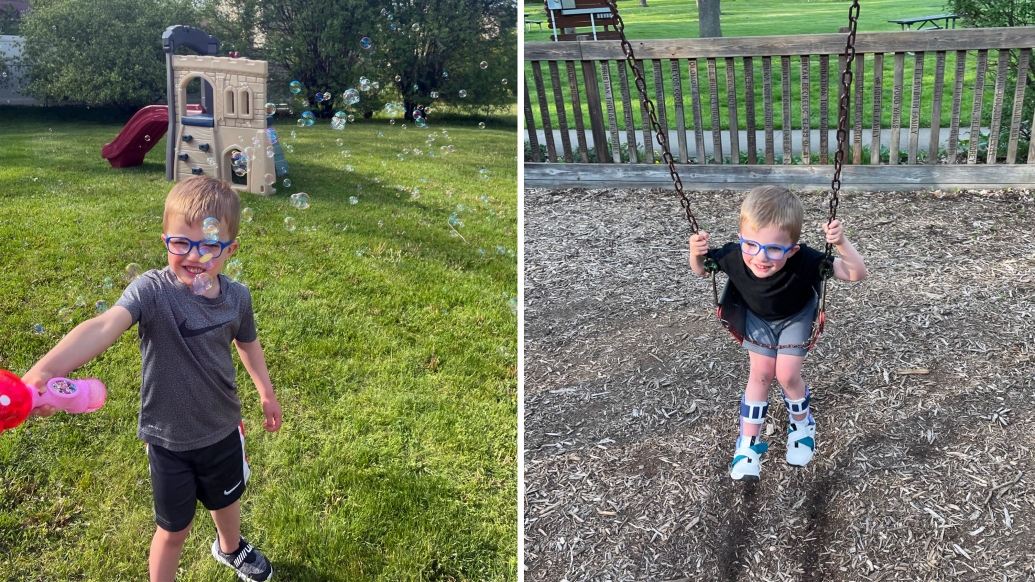 little boy playing outside with glasses on