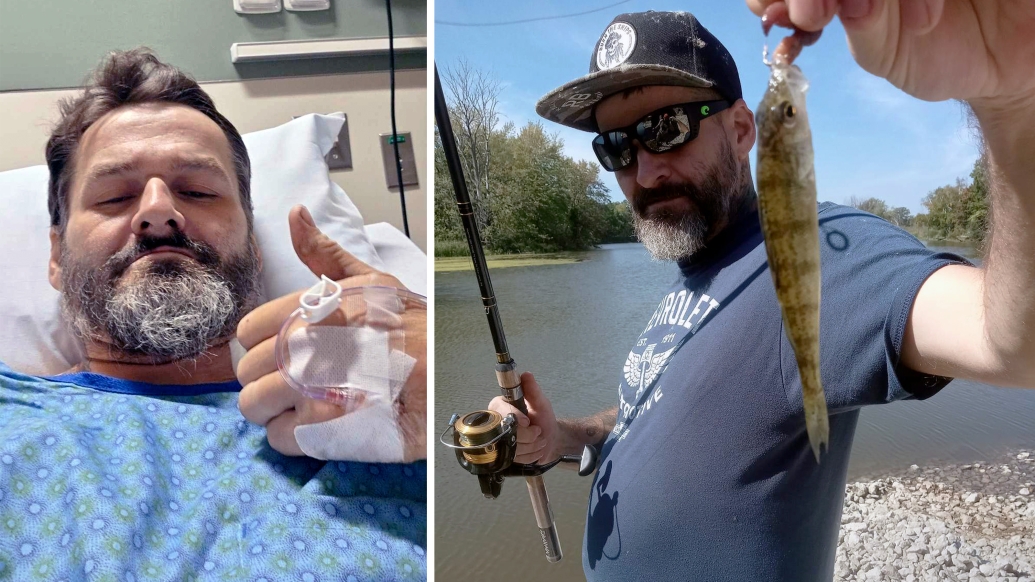 photo side by side with man in hospital bed and then holding fish in hand in other photo