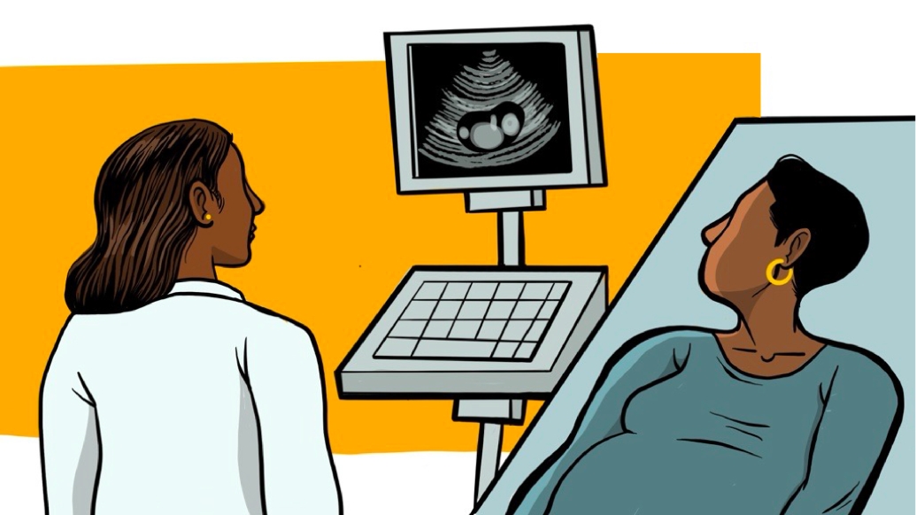 Illustration of a doctor and patient looking at ultrasound