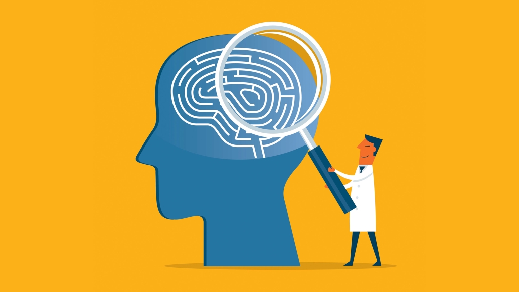 orange background, blue skull, brain maze inside large brain and person with white coat looking at it with a magnifying glass