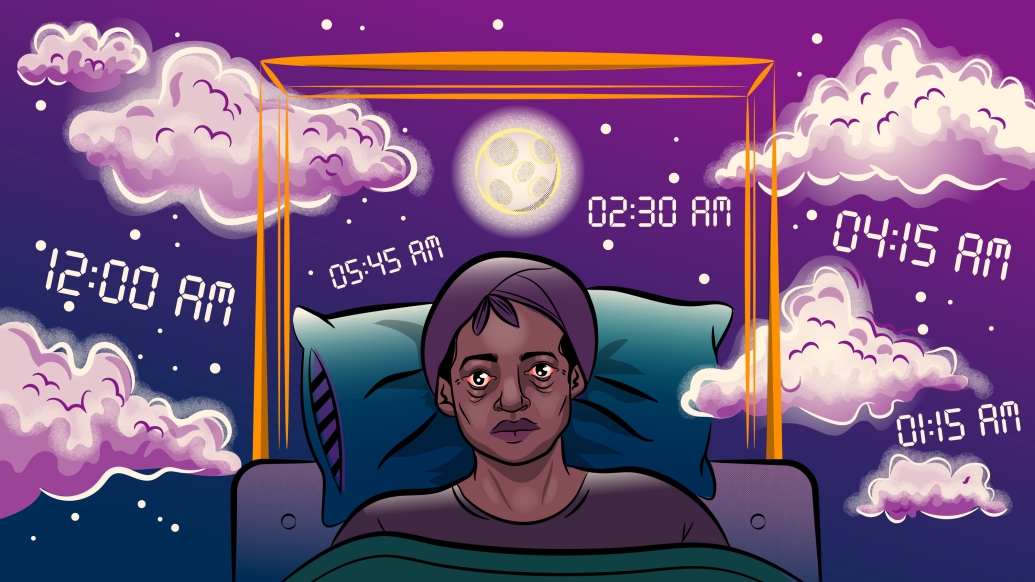 purple background sky colors with times floating patient with pillow brown clothes on moon in sky