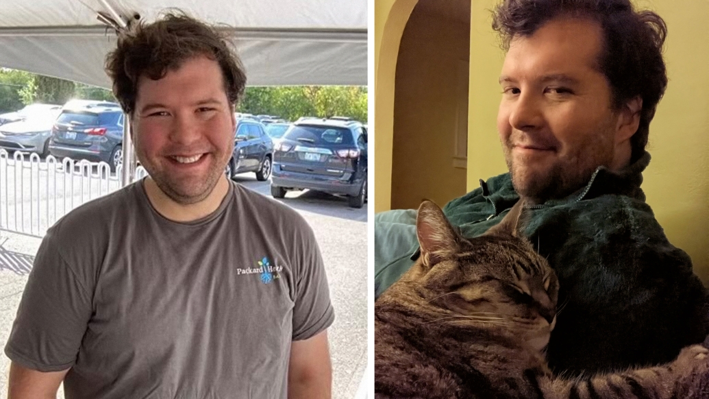man smiling looking at camera and another photo of him looking at camera with brown cat