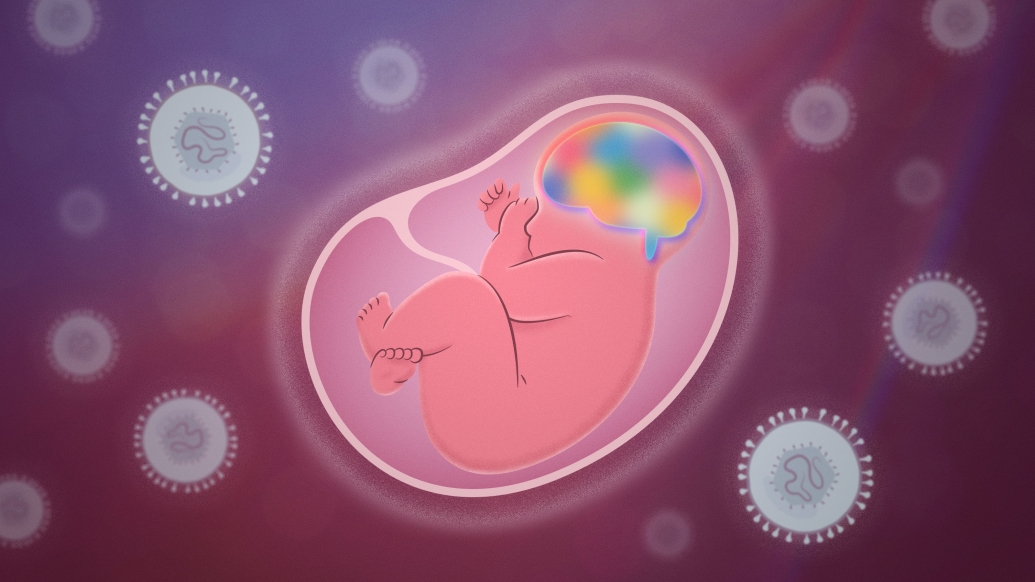 pink baby in floating cell with colorful brain purple spotted background