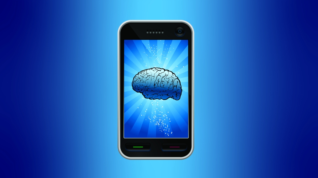 cell phone with brain on screen in blue with blue background