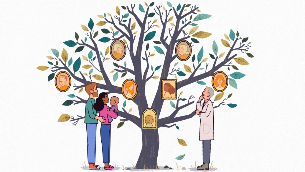 Illustration of doctor with family standing under family tree of medical conditions