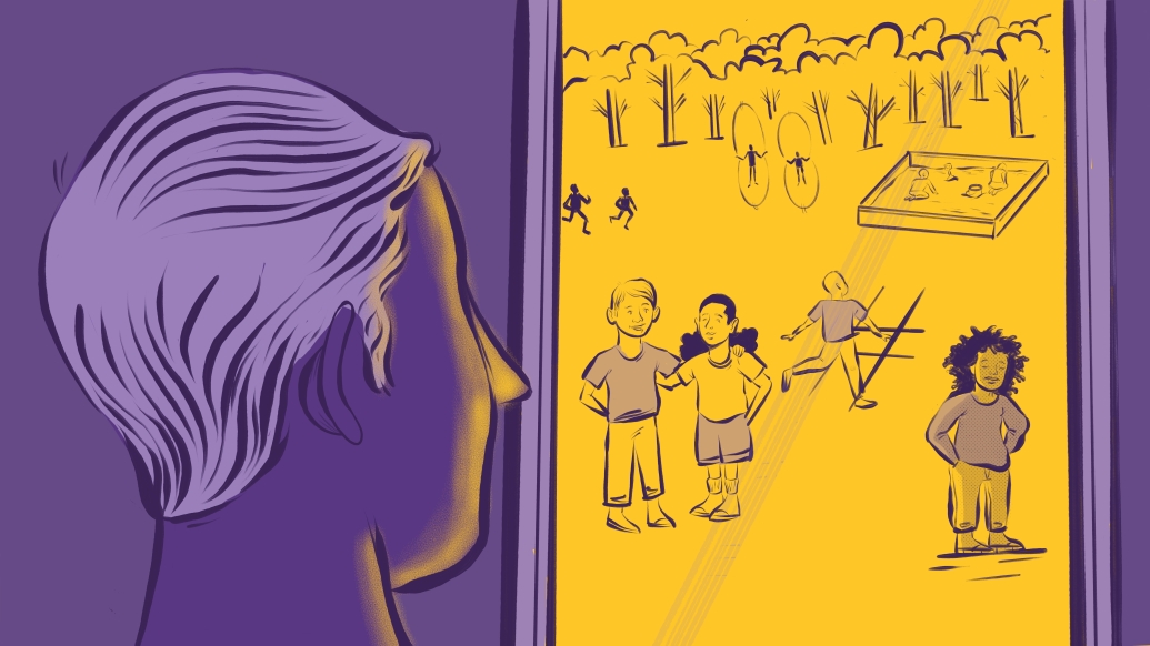 parent close up behind head looking in purple coloring outside door seeing four kids playing together or near eachother in yellow on playground 