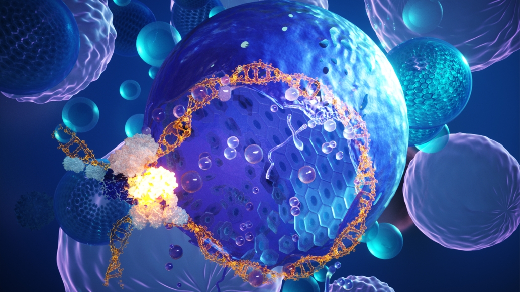 blue cells close up with orangey see through circle going in and an explosion of bright yellow orange to the far left in that circle with purple circles floating in background