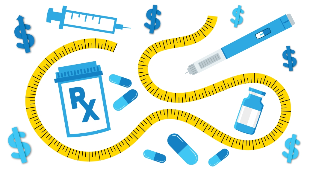 yellow measurement yellow twirled around blue colored money signs and RX bottles and pills and shots 