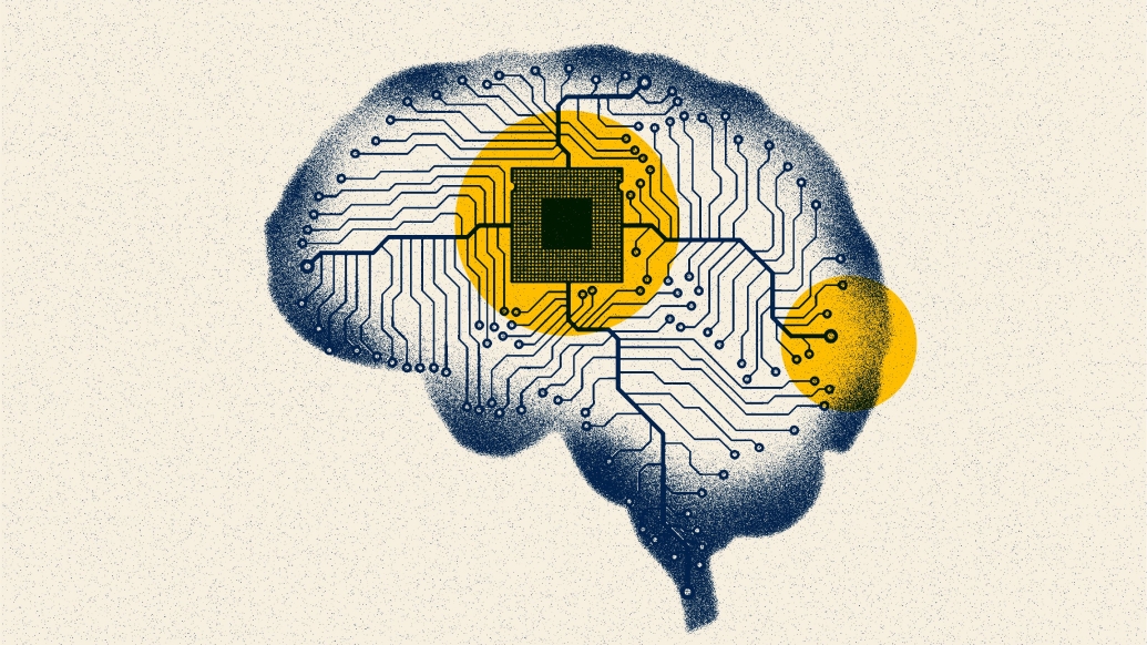 navy brain on off white background with artificial intelligence lines inside with yellow highlighted areas