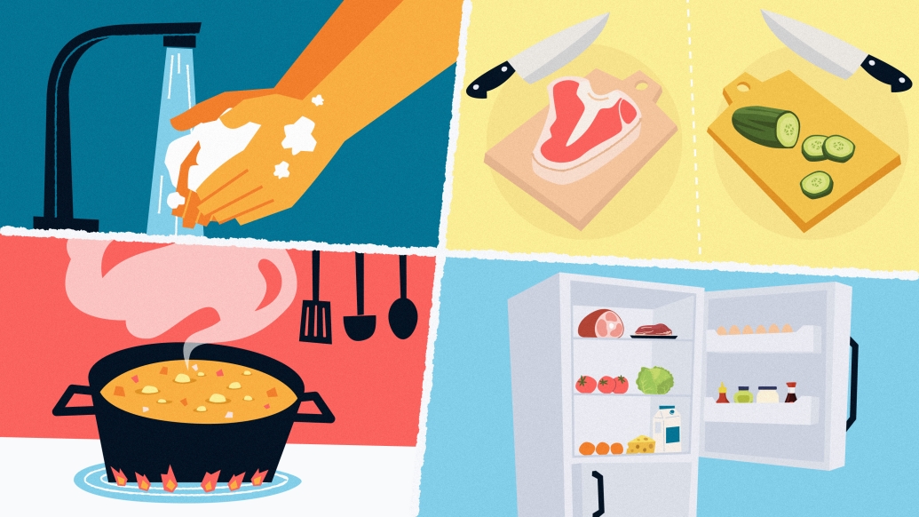 four tiles with top left washing hands with blue background, top right yellow background and two cutting boards with one having meat and one having cucumbers and knives, then bottom left is red background and pot of soup steaming and then bottom right open white fridge with food in it on black background 