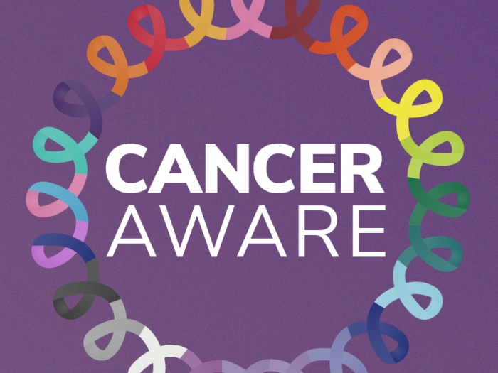 Cancer Aware surrounded by a circle of multicolor ribbons