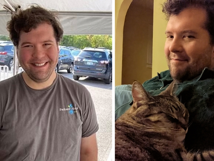 man smiling looking at camera and another photo of him looking at camera with brown cat