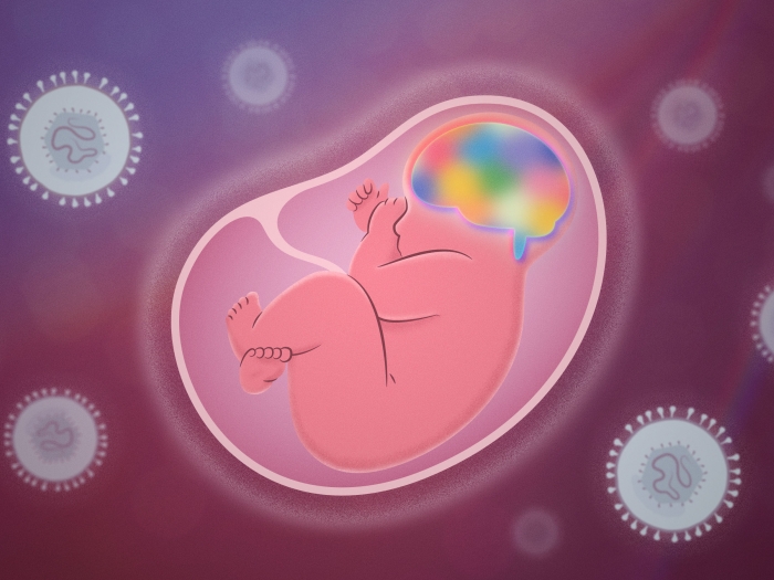 pink baby in floating cell with colorful brain purple spotted background