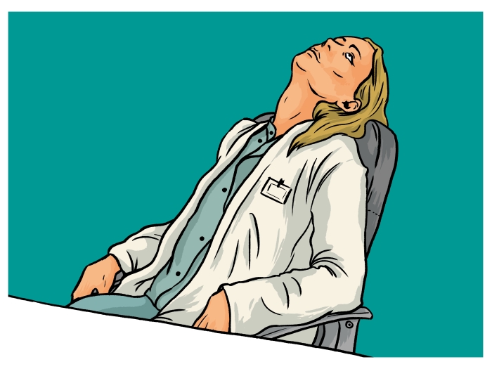 graphic of a female doctor leaning back in a chair