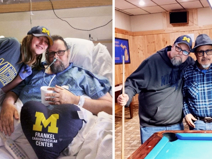 daughter and dad in hospital room smiling with um shirt held and on right man posing with friend
