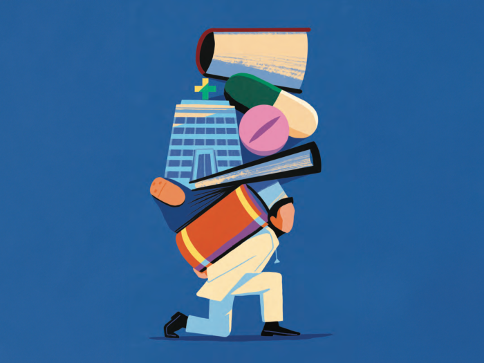 Illustration of a doctor weighed down by many things on his back. He's lifting giant books, pills, and a hospital building. The illustration is brightly colored and pared down to essential shapes. The doctors face has no discerning features. He's wearing a white coat and stethoscope.