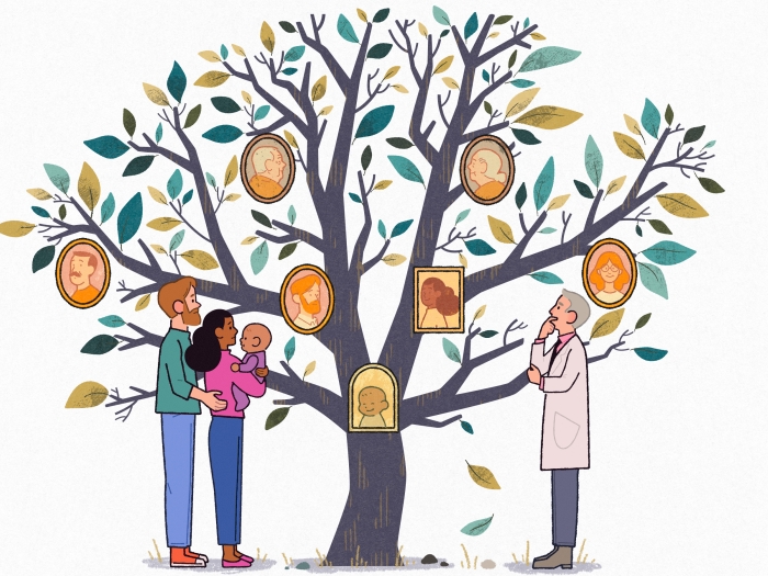 Illustration of doctor with family standing under family tree of medical conditions