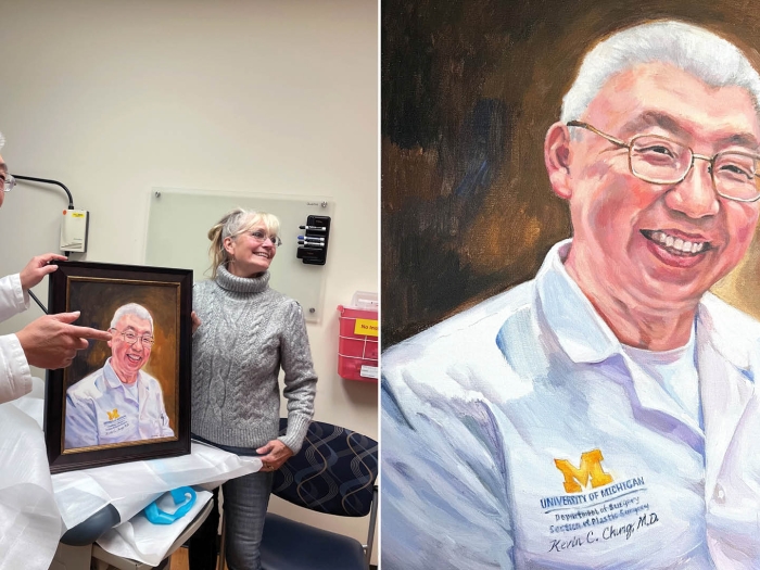 Split screen image. The picture on the left is of Dr. Chung holding a portrait of himself and he's standing next to Susie, the patient whose hand he repaired. The image on the right is a close up of the portrait of Dr. Chung.