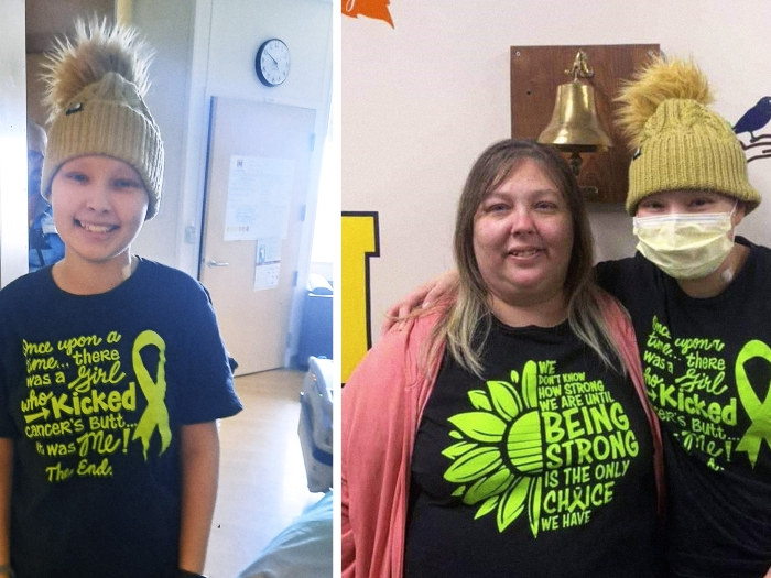 girl on left with tan hat beanie and black shirt and green writing and on right with mom smiling same outfit and matching shirts