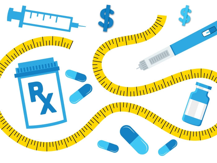 yellow measurement yellow twirled around blue colored money signs and RX bottles and pills and shots 