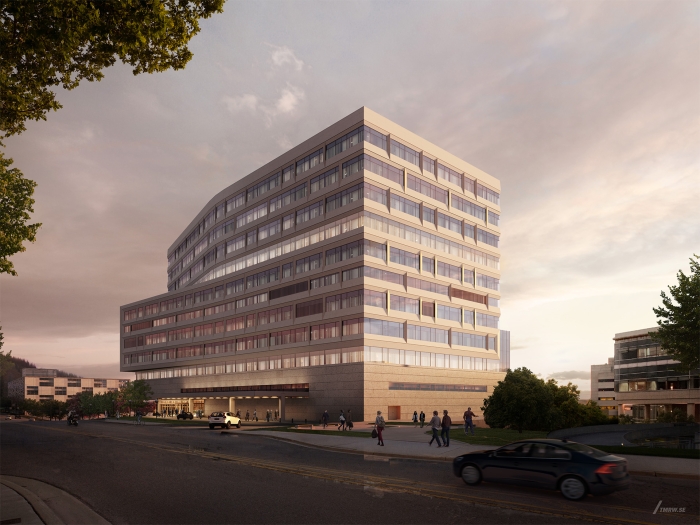 Architectural rendering of the D. Dan and Betty Kahn Health Care Pavilion, a light-colored, angular building that is about ten stories tall. People walk on the surrounding sidewalks and a car drives on the street in front.