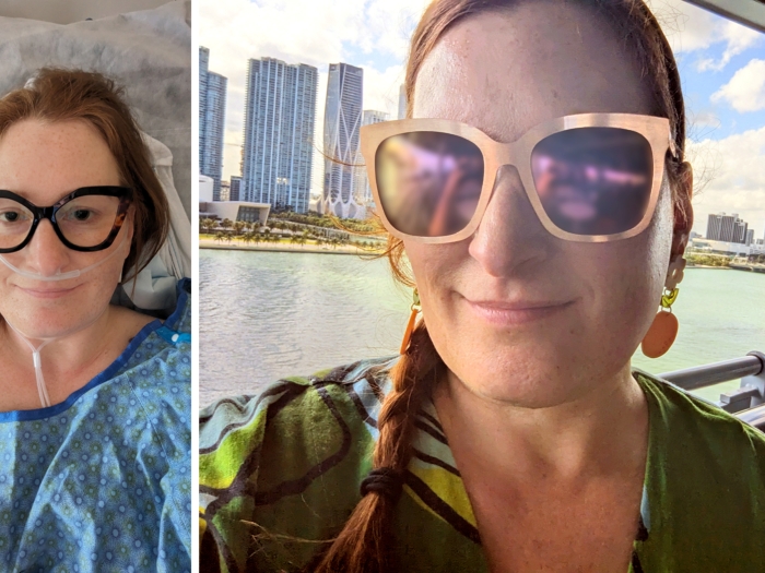 woman with glasses on left in hospital bed with breathing tubes in nose and woman with sunglasses on right 