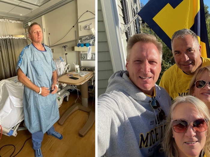 man recovering on left in hospital gown in hospital room and on right with friends taking selfie in michigan gear