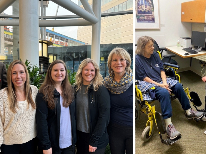 patient family and child life team member smiling and then a photo next to that one with the same worker helping someone in a wheelchair in a patient office