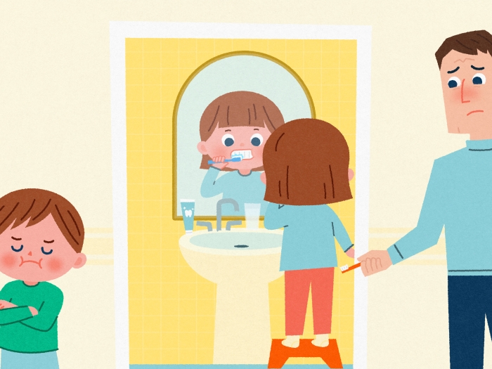 girl brushing teeth with family in bathroom looking in mirror drawing