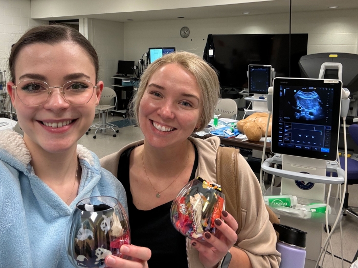 Two medical students stand at the central line and ultrasound guided IV placement station.