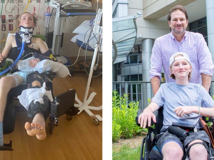 teenage boy in wheelchair with severe injuries on left and then leaving hospital on right smiling with his dad in wheelchair