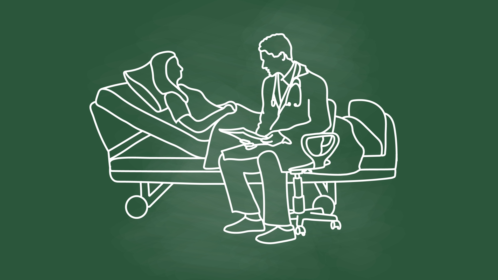 green background with white drawing of doctor at patient beside having conversation