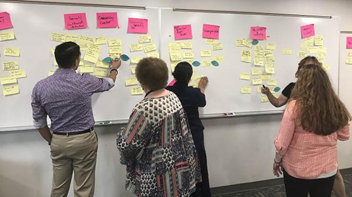 Group of people looking at sticky notes on board.