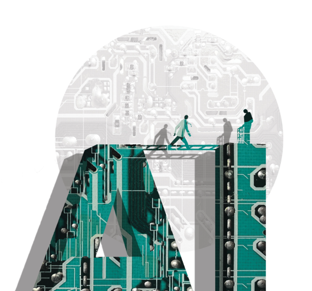 Illustration of giant block letters spelling out AI. On top of the letters is a bridge. A doctor is crossing the bridge to get to a patient.