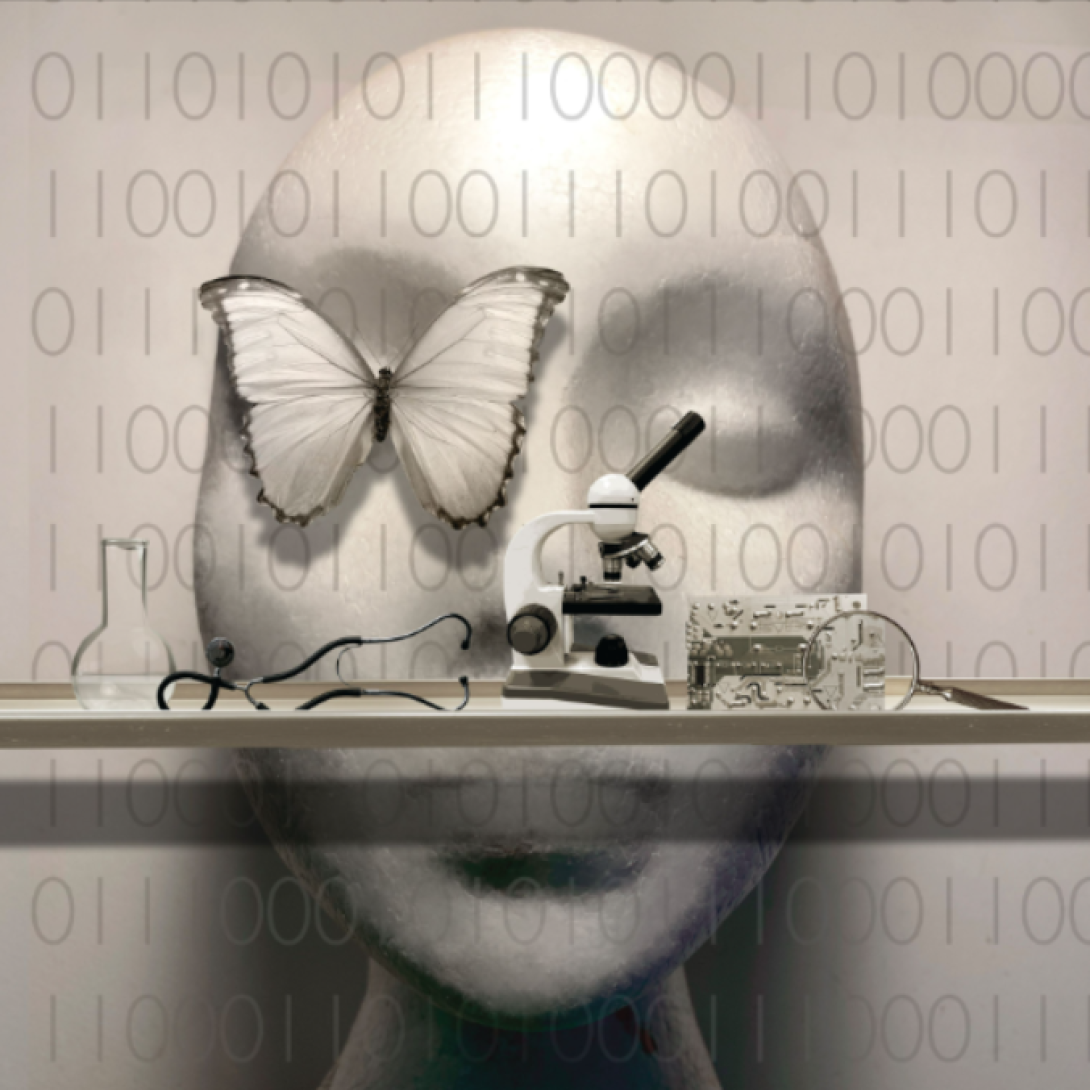 Sculptural illustration shows a large mannequin-like face with a butterfly over one eye. In front of the face is a table with a beaker, stethoscope, microscope, inner workings of a computer, and a magnifying glass.