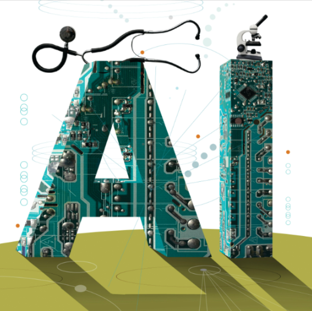 Illustration of giant block letters spelling AI. On top of the letters sit a stethoscope and a microscope. The letters are covered with computer parts and cast a long shadow.