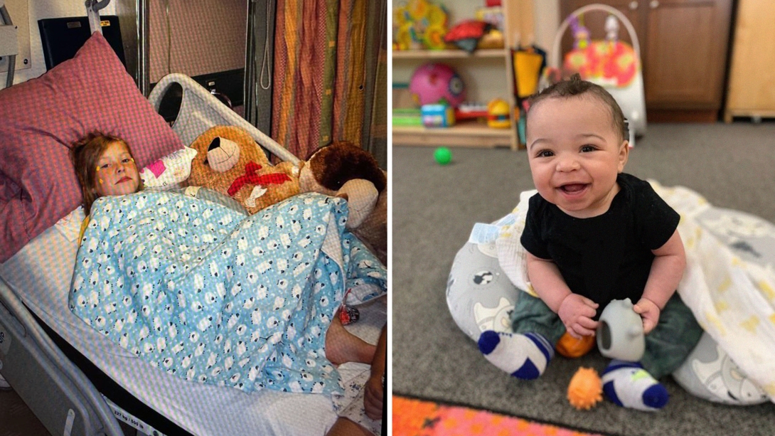 girl in hospital bed on left and baby on right smiling sitting up