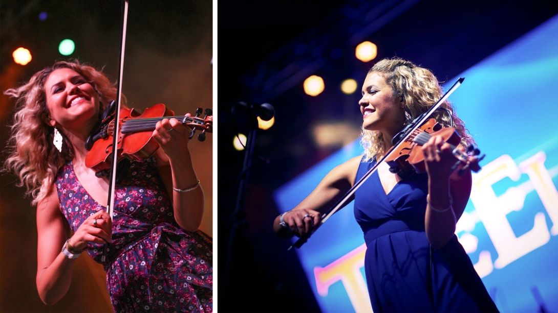 girl in two photos playing violin on stage happy