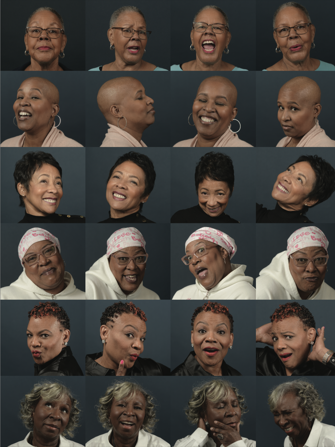 Brady Bunch style photo of six Black women make various facial expressions. There are four photos per line and six lines.