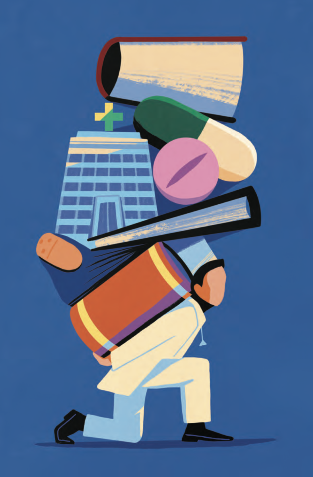 Colorful illustration of a physician weighed down by various objects stacked on top of each other, including giant books, giant pills, and a hospital building.