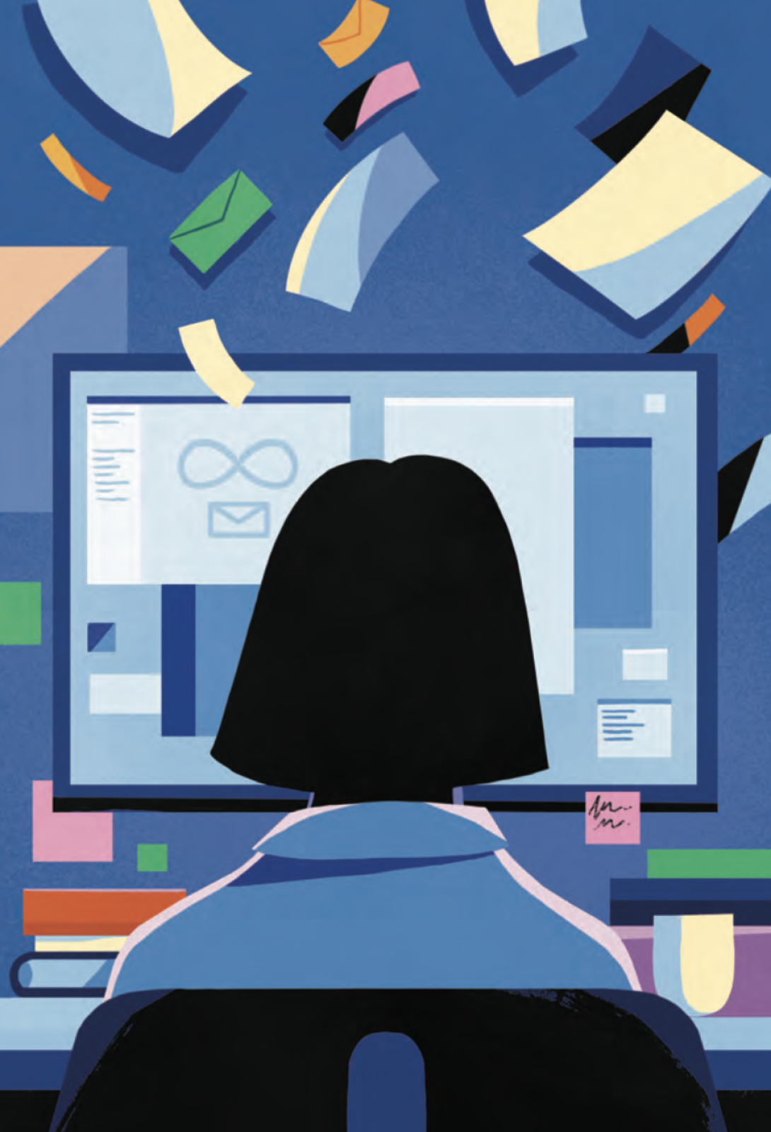 Colorful illustration of a physician sitting in front of a computer screen. The physician's back is to the viewer. Over her shoulder, you can see an email inbox with an infinite symbol. Papers and envelopes are falling from the sky all around her.