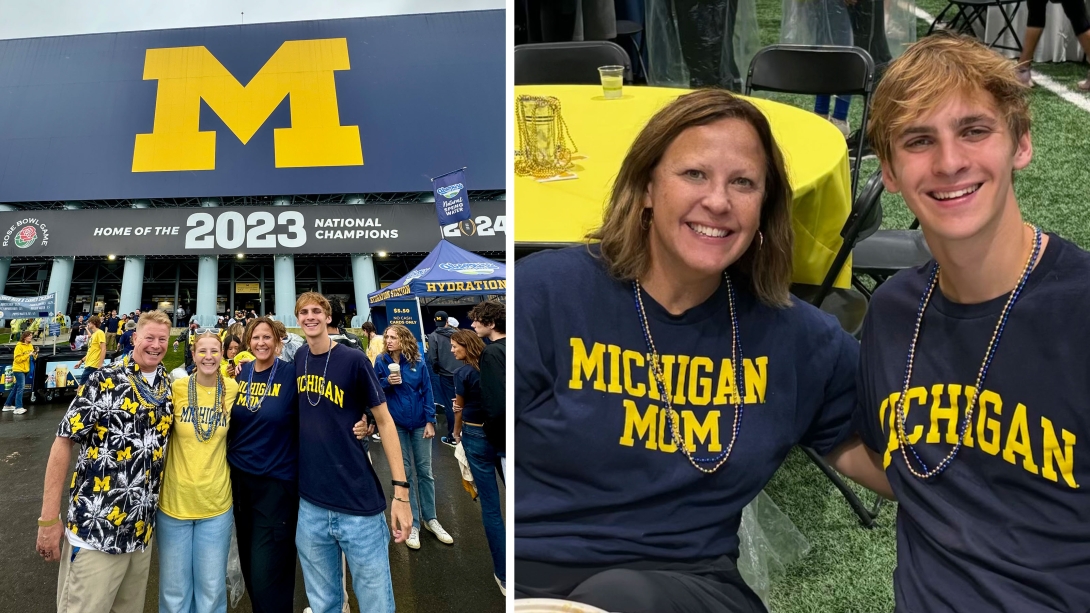 michigan logo with people posing infront of it and photo next to that in blue michigan shirts 