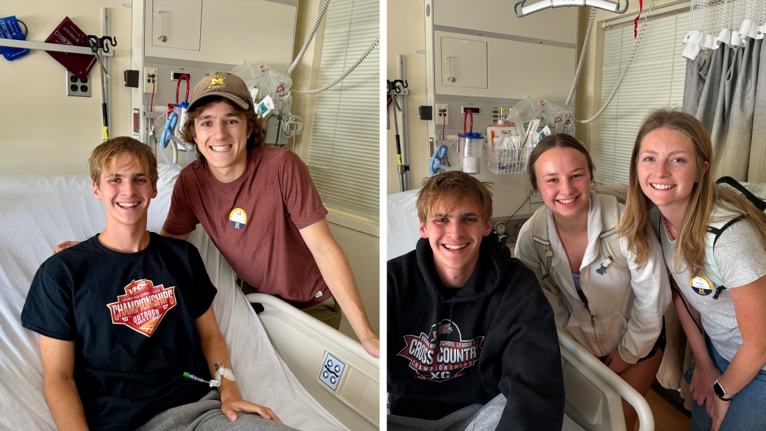 young adult man in bed and person on right in maroon shirt and brown hat smiling at camera and then photo next to that one with two women smiling in the photo with him in white shirts